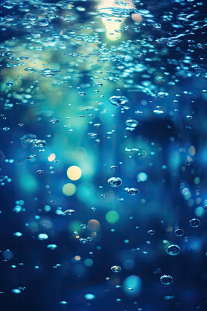 Bubbles of water on a blue background with bokehの素材