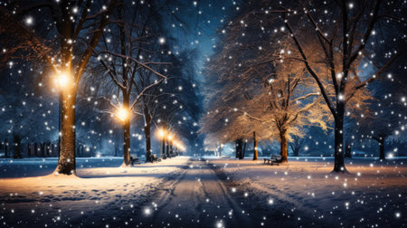 Winter park at night with trees, lights and snowfall. Winter landscape.の素材
