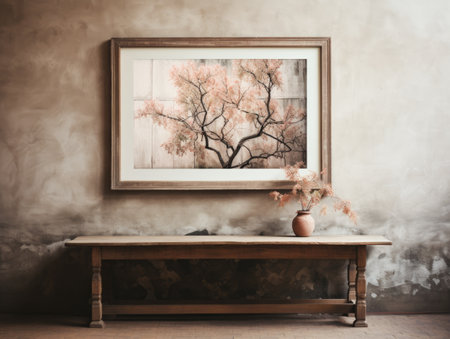 Vintage photo frame with autumnal tree on the wooden table.の素材