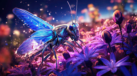 Digital Illustration of a Grasshopper in a Field of Flowersの素材