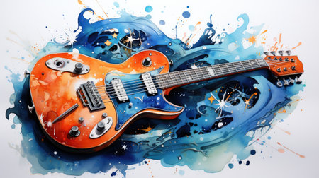 Guitar on abstract watercolor background. 3d illustration.の素材