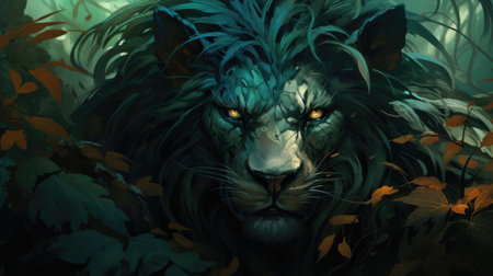 Lion in the forest. Fantasy illustration of a wild animal.の素材
