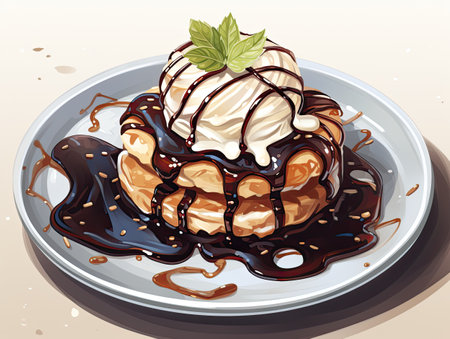 a chocolate pancake with ice cream and chocolate syrupの素材