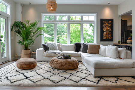 Living room with white sofa and decorative rattan elements. Northwest, USAの素材