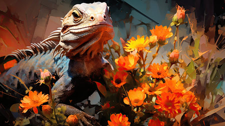 Digital painting of a iguana with flowers in the background. Digital painting.の素材