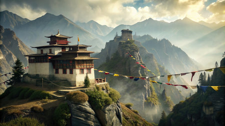 Mountain landscape with prayer flags and stupa in Himalayas, Nepalの素材