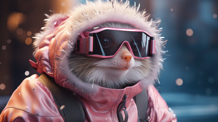 Cute ginger cat wearing ski goggles and a pink jacket. Winter sport concept.の素材