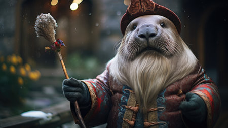 Portrait of a gnome with a broom in his hand.の素材