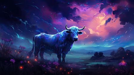 Illustration of a cow on a background of night sky with cloudsの素材