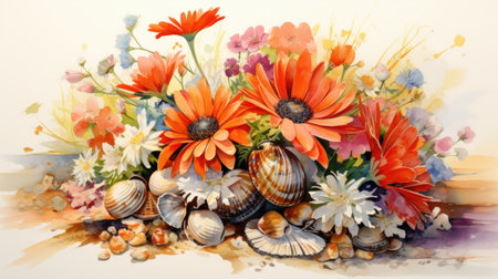 Colorful flowers and seashells on the watercolor background.の素材