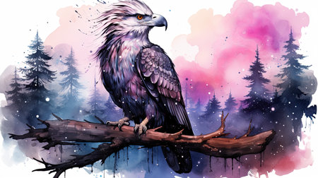 Watercolor illustration of a bald eagle on a branch in the forest.の素材