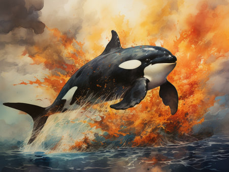 Big killer whale in the sea with Fire and smoke.の素材