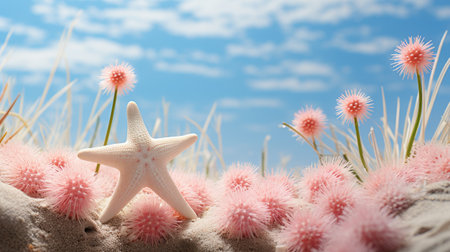 Starfish and flowers on sand with blue sky background.の素材