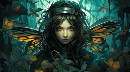 Fantasy illustration of a fairy in a fantasy forest with butterflies.の素材