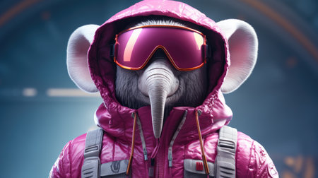 Elephant in ski suit and goggles. Extreme sport concept.の素材