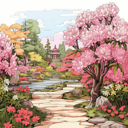 Japanese garden with blooming pink flowers.の素材