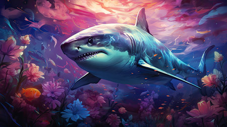 Fantasy shark swimming in the ocean with flowersの素材
