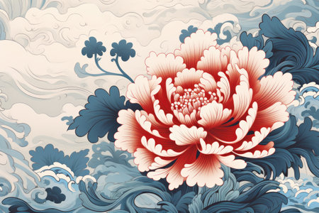 Abstract floral background with red and blue flowers and clouds.の素材
