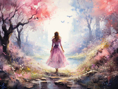 Beautiful girl in pink dress in the forest.の素材