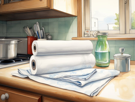 Kitchen interior with kitchen towels and a set of kitchen utensilsの素材