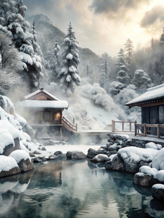 Hot Spring with snow in winter seasonの素材