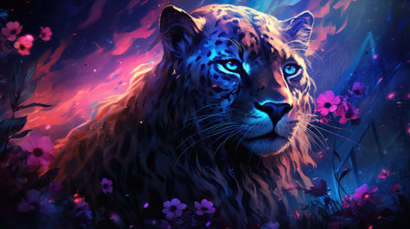 a wild leopard in a meadow with flowersの素材