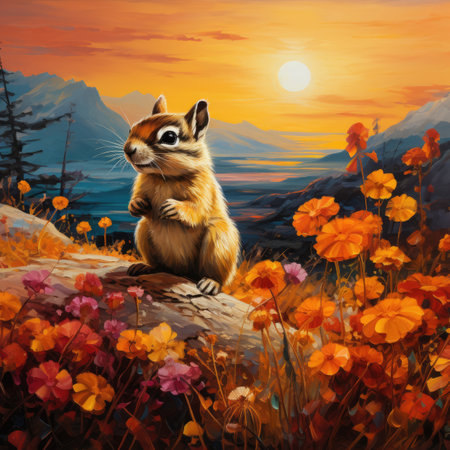 Squirrel sitting on the edge of a cliff at sunset.の素材