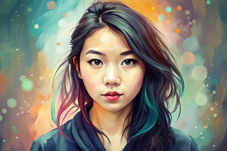 Portrait of a beautiful young asian woman with colorful background.の素材