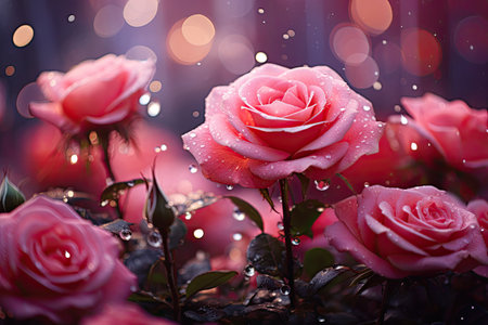 Beautiful pink rose with water drops on bokeh background.の素材