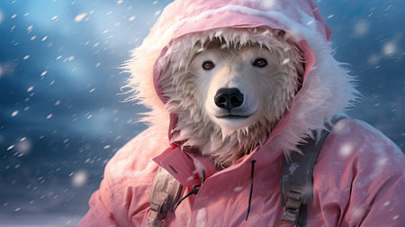 A dog in a pink raincoat with a hood on his head in the snowの素材