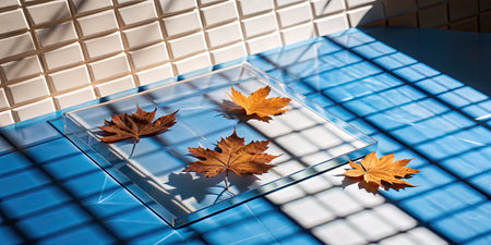Autumn leaves floating in a clear blue tiled pool.の素材