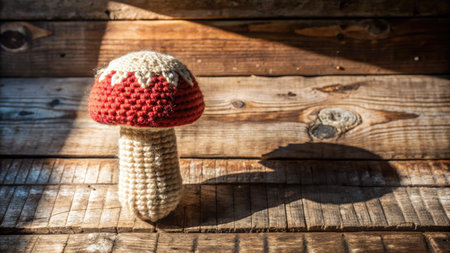 Handmade crochet mushroom on a wooden surface.の素材