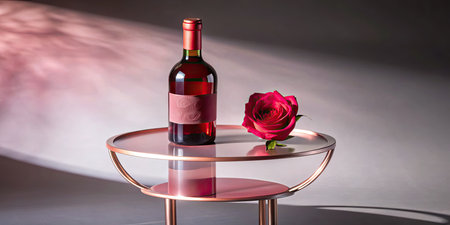 Wine bottle and rose on a glass table with soft red lighting.の素材