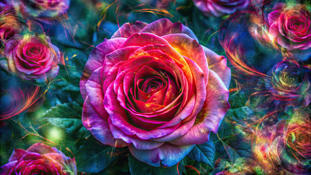 Beautiful multi-colored rose flowers on a black background. Close-upの素材