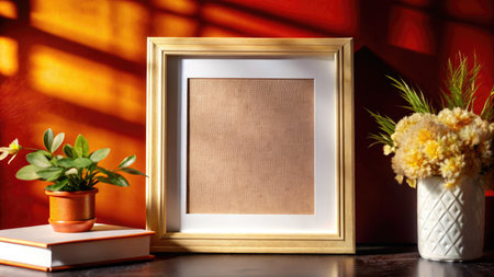 Blank photo frame on wooden table with vase of flowers.の素材