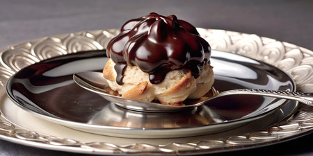 Close up of a profiterole with chocolate on a silver plateの素材
