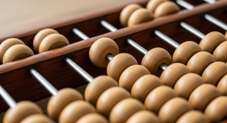 Vintage wooden abacus on wooden background. Close-up.の素材