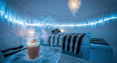 Cup of coffee in the interior of the hotel room with iciclesの素材