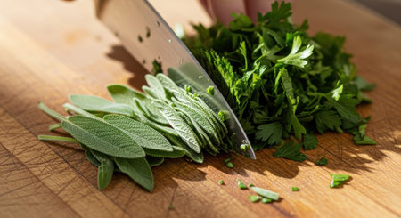 Sage and parsley on a cutting board with a knife.の素材