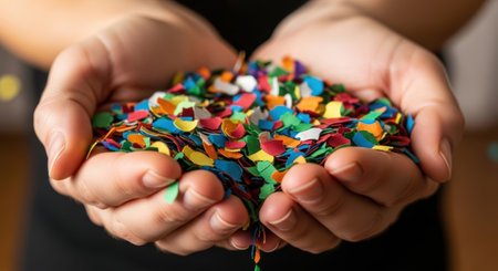 Colorful confetti in the hands of a girl. Selective focus.の素材
