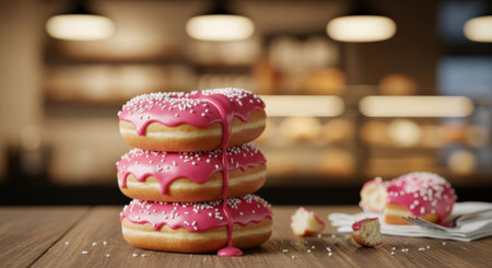 Delicious donuts on wooden table in coffee shop, closeupの素材