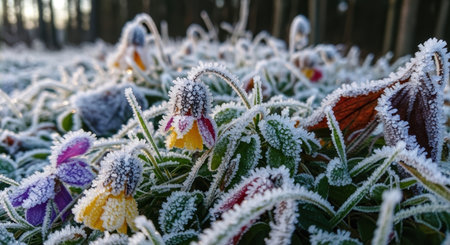 Frozen flowers in the winter forest. Colorful flowers covered with hoarfrostの素材