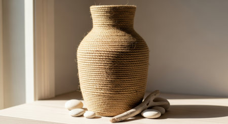 Close up of a vase with a rope on a shelf.の素材