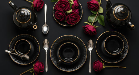 Beautiful table setting with red roses on black background, top viewの素材