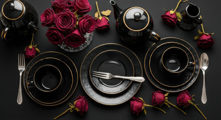 Beautiful table setting with roses on black background, flat lay.の素材