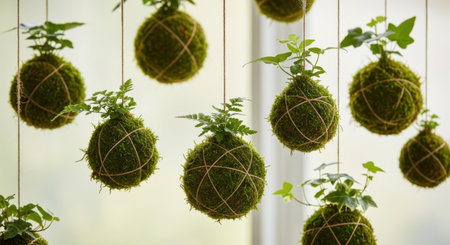 Hanging Kokedama Moss Balls Twine Wrapped Spheres with Varied Green Plantsの素材