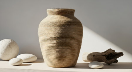 Decorative vase and pebbles on a white shelf.の素材
