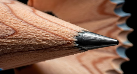 Sharpened Pencil Tip Macro Showing Wood Grain and Fine Graphite Pointの素材