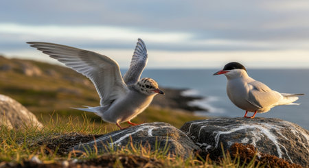 Two Coastal Terns Perched on Rocks at Sunrise with One Preparing to Take Flightの素材