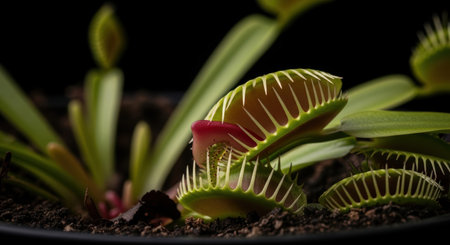 Close Up Venus Flytrap with Red Traps Against Dark Backgroundの素材